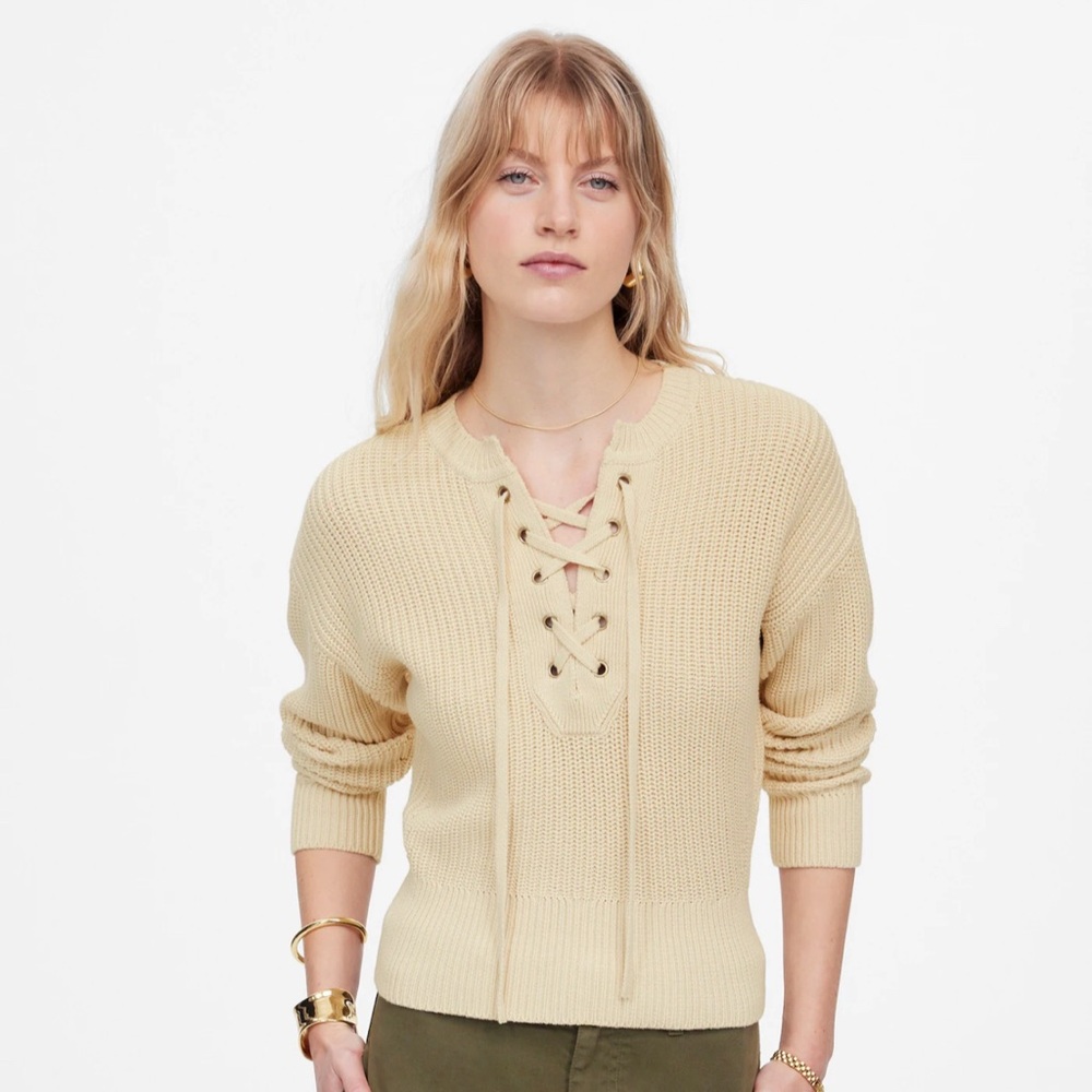 Madewell Cream Ribbed Crew Neck Sweater with Lace-Up Detail
